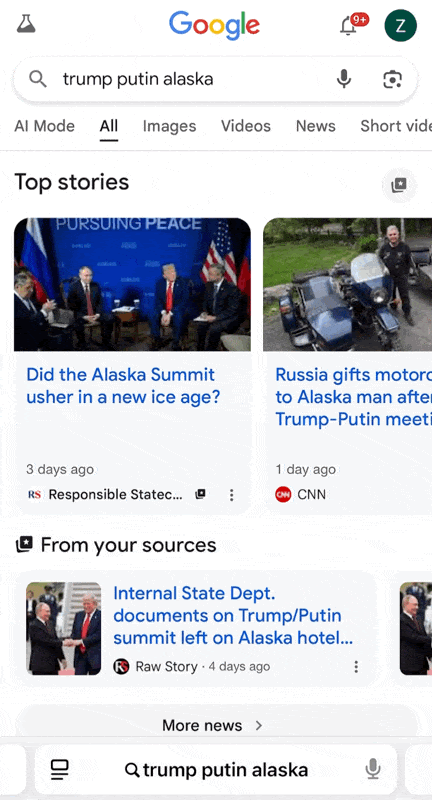 Google Search results for "Trump Putin Alaska" with top news stories