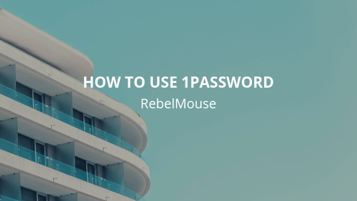 "Guide text 'How to Use 1Password' over modern building with blue balconies."