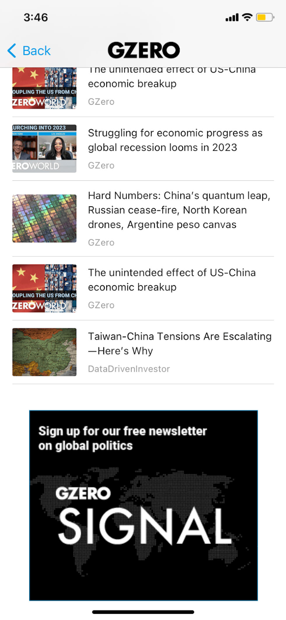GZERO app screen showing headlines on US-China issues and global political topics.