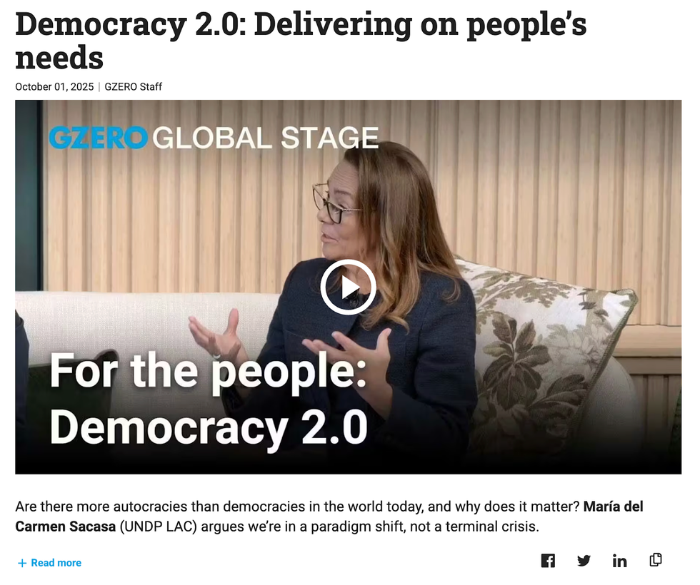 GZERO screenshot of a female speaker on "Democracy 2.0" video stage