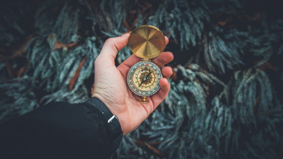 hand holding an open brass compass over frosty foliage