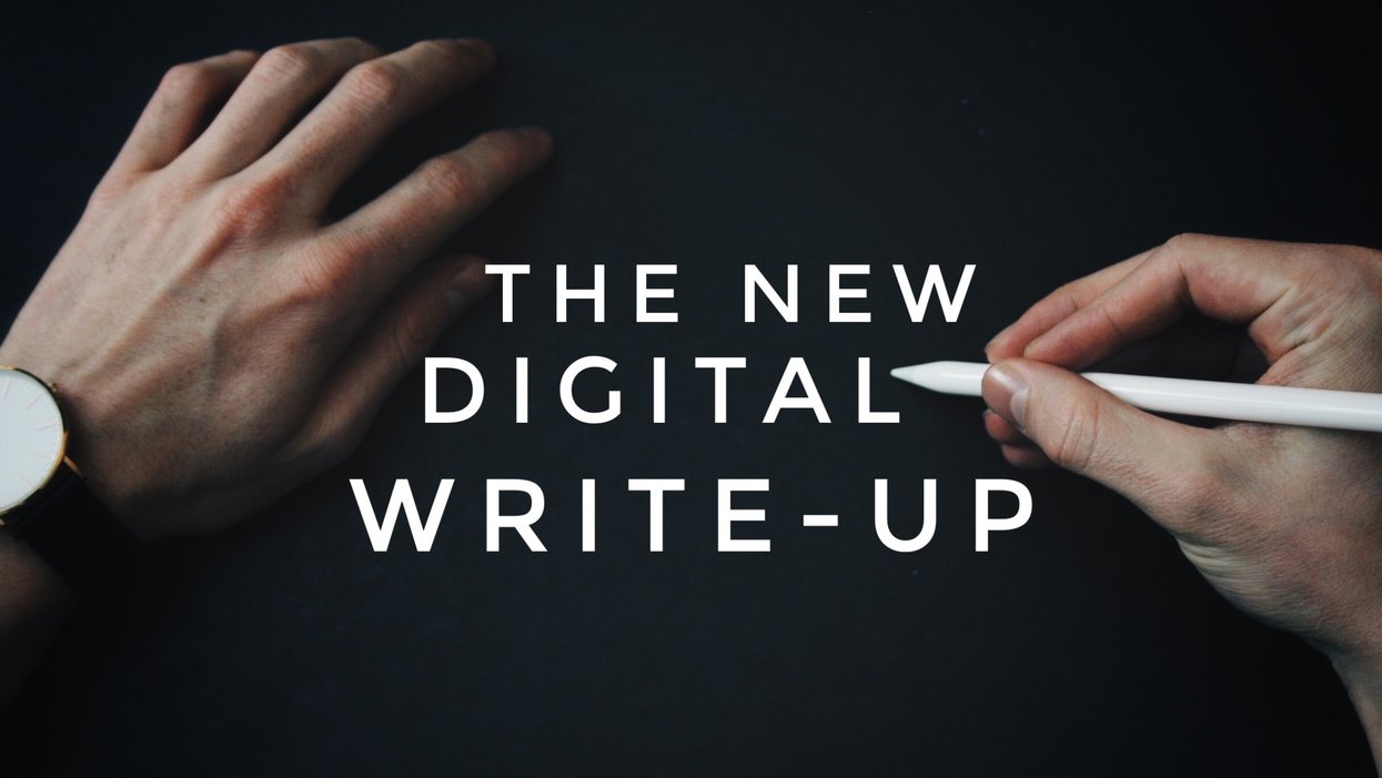Hands holding a pen with "The New Digital Write-Up" text.