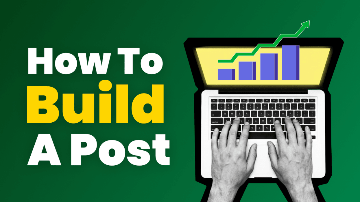 Hands typing on laptop with text "How To Build A Post" and rising graph.