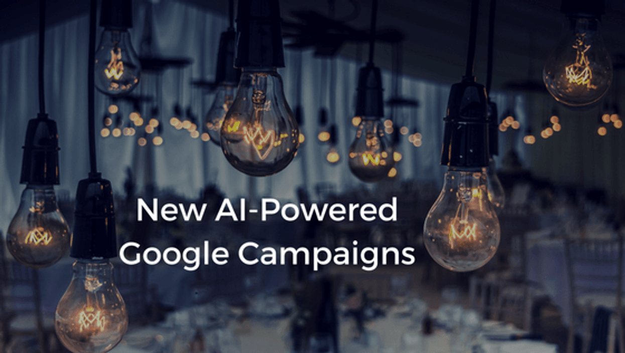Hanging light bulbs with text: "New AI-Powered Google Campaigns."