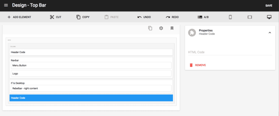 Header Code in Layout & Design Tool