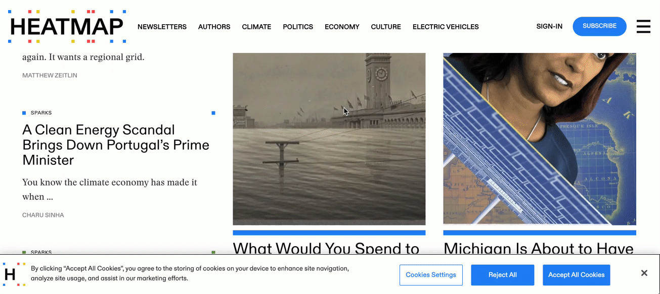 Heatmap News article scrolling GIF with sticky cookie settings at the bottom