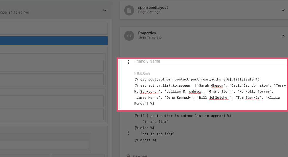 Highlighted HTML code snippet for author list logic.
