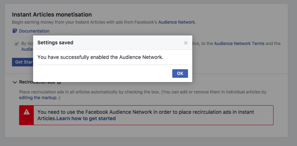 how to enable facebook audience network for instant articles
