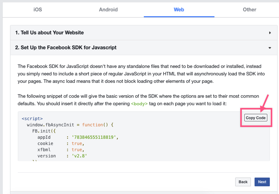 how to find code for Facebook SDK for Javascript