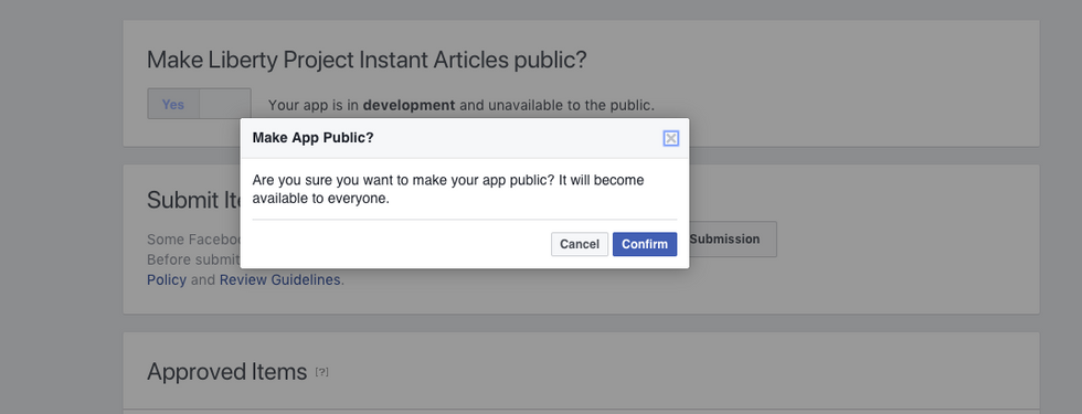 how to make app public facebook instant articles