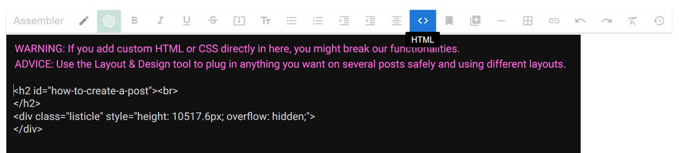 HTML editor warning with advice on using layout tools instead of custom code.