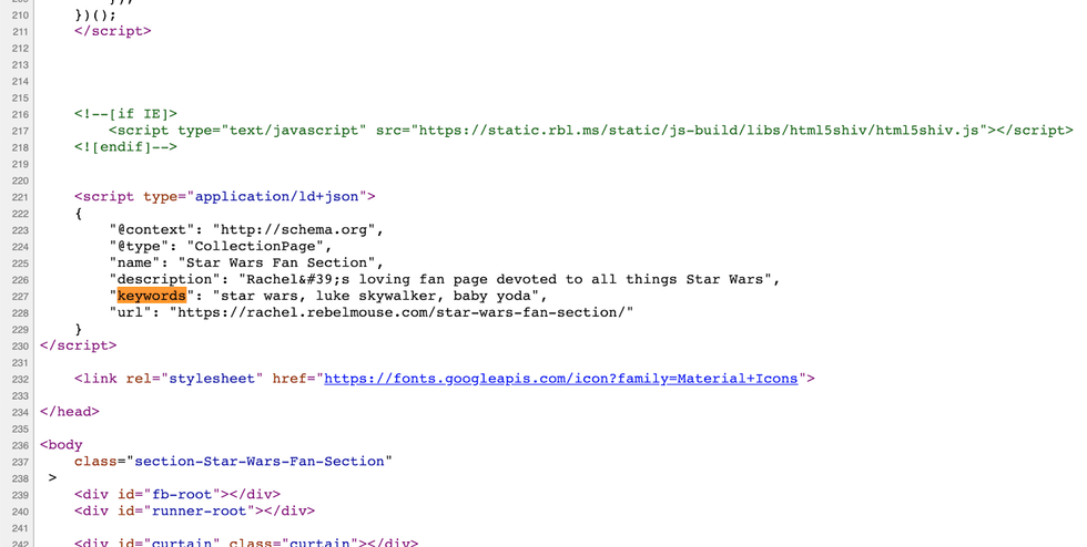HTML script snippet for a Star Wars fan page with related keywords.