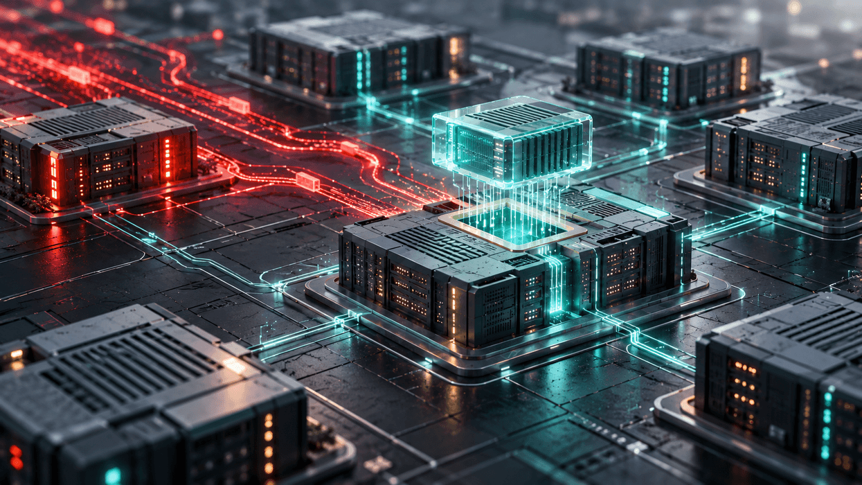 Illustration of interconnected servers with red signals representing cyber threats and a glowing teal module representing AI-powered security updates.