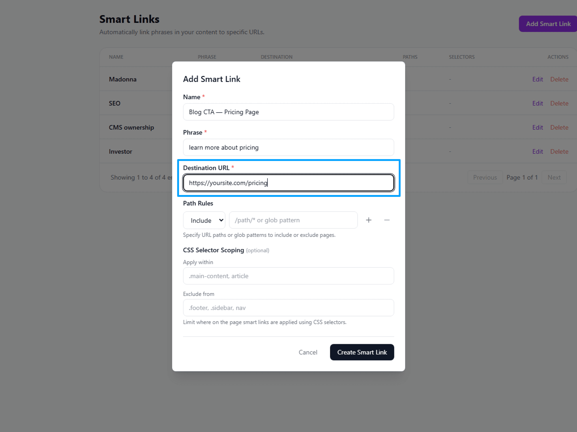 Interface for creating a smart link with destination URL input.