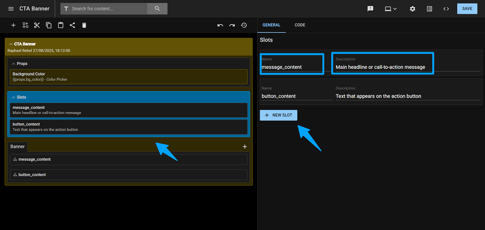 Interface for editing CTA banner slots with fields for message and button content.