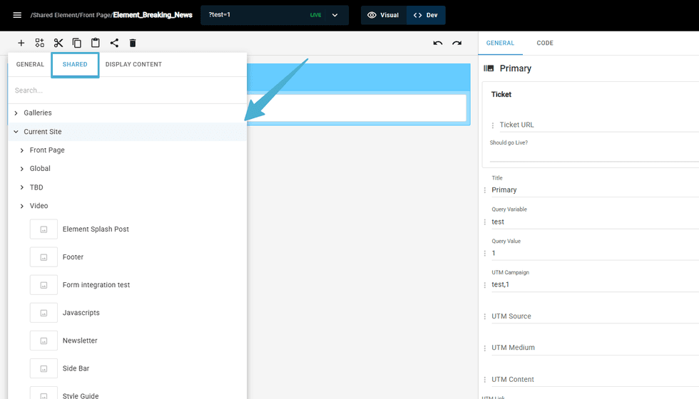 Interface showing site settings with menu and ticket information