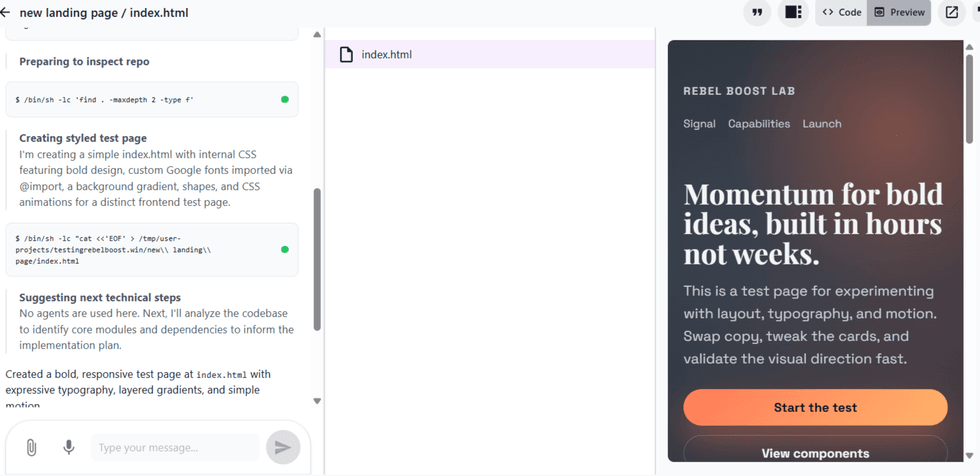 Interface showing test setup for a new landing page with "Start the test" button.