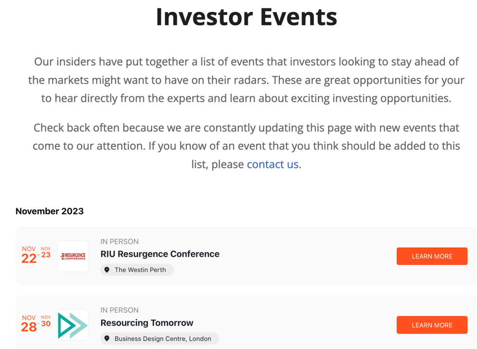 Investor News Network Events page