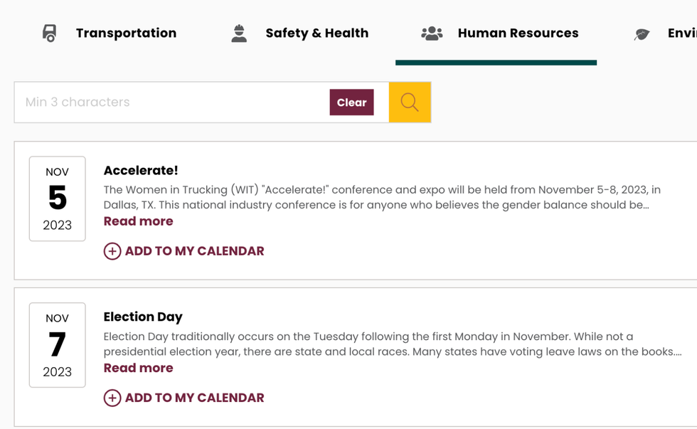 J.J. Keller Events page with Add to Calendar functionality
