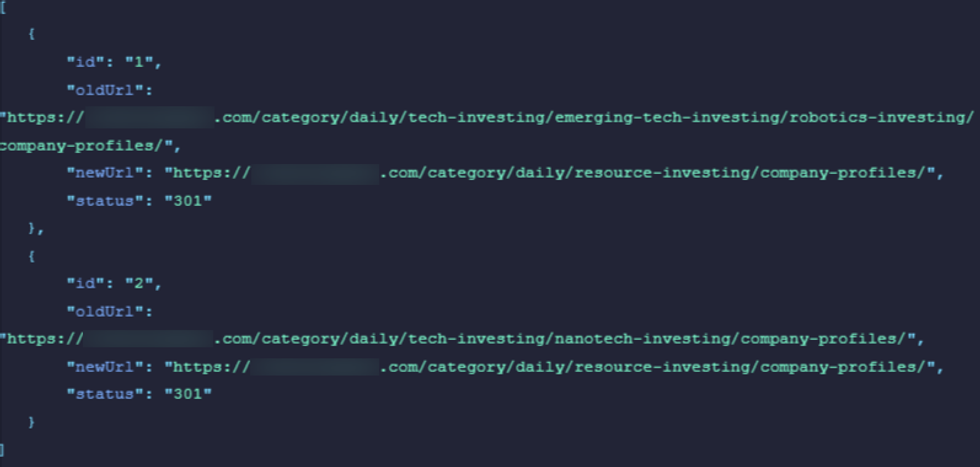 JSON code showing URL redirects with 301 status updates.
