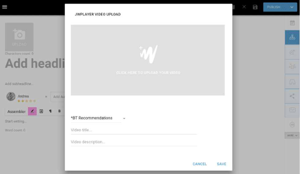 JWPlayer video upload dialog with fields for title and description.