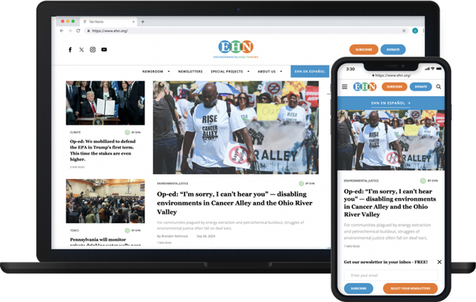 Laptop and phone displaying Environmental Health News website articles side by side.