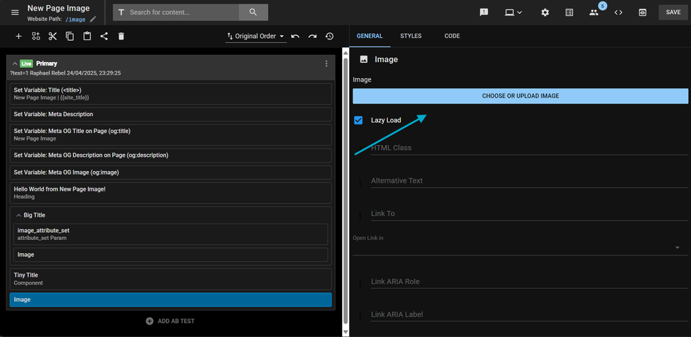 Layout and Design Tool page with an arrow pointing to an option called "Choose or Upload Image"