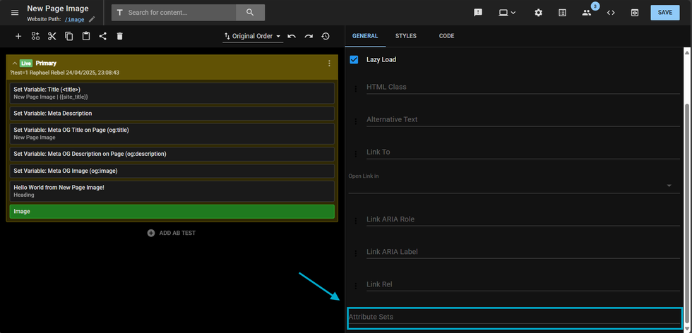 Layout and Design Tool page with an arrow pointing to the Image element attribute sets field
