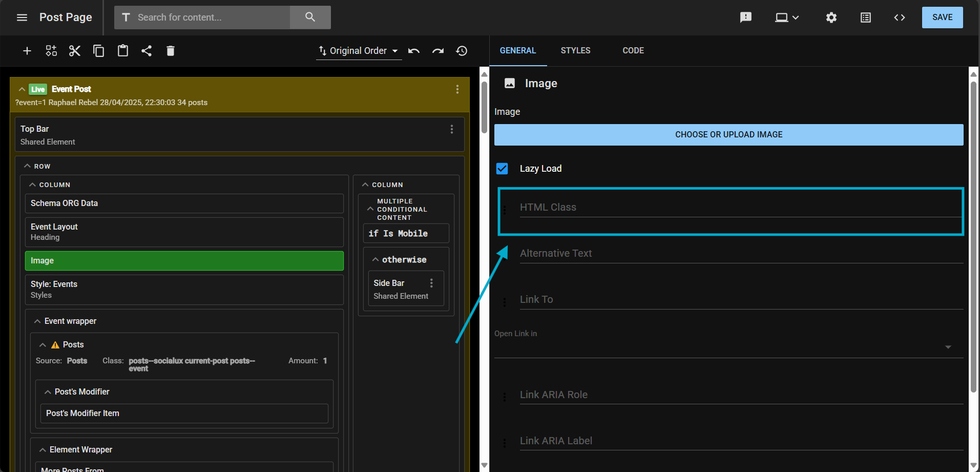 Layout and Design Tool page with an arrow pointing to the Image element HTML class field