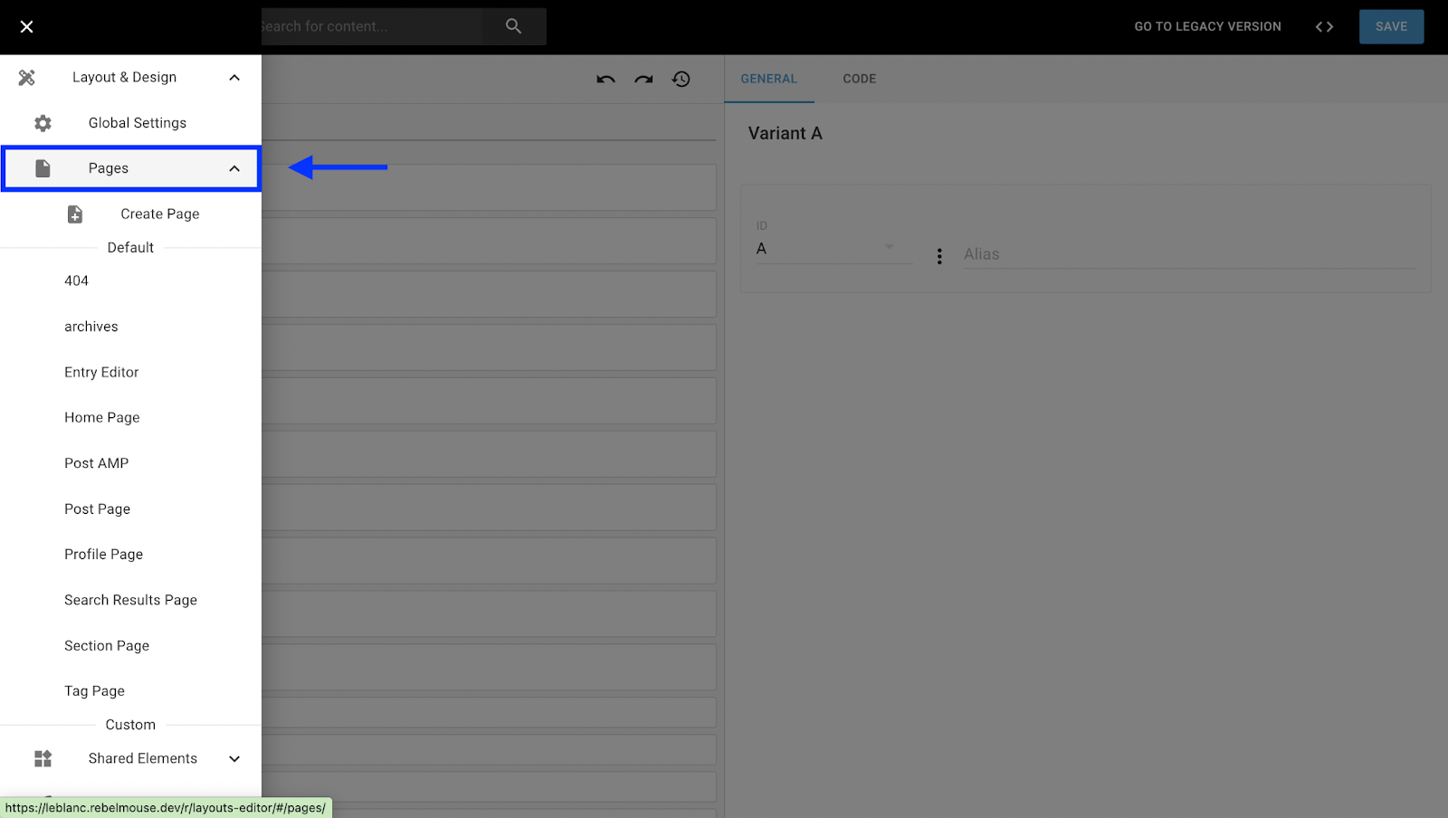 Layout & Design dashboard pages sections