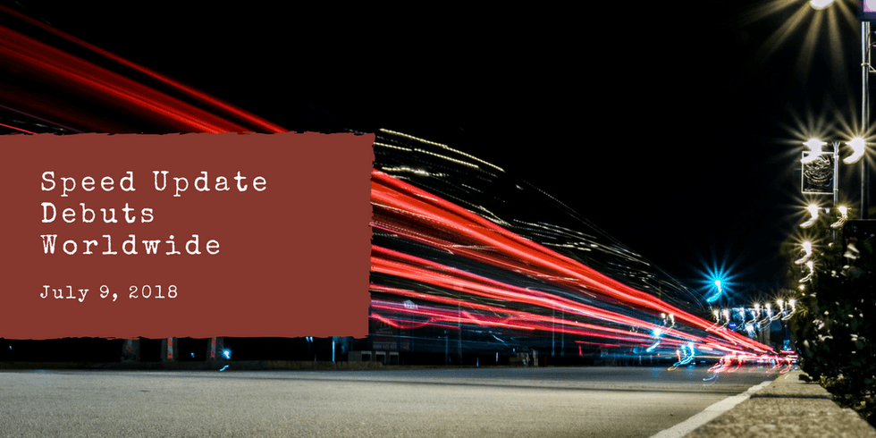 Light trails on street at night with "Speed Update Debuts Worldwide" text overlay.