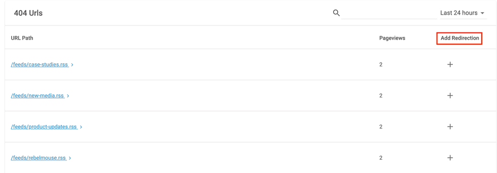 List of 404 URLs with pageviews and "Add Redirection" option highlighted.