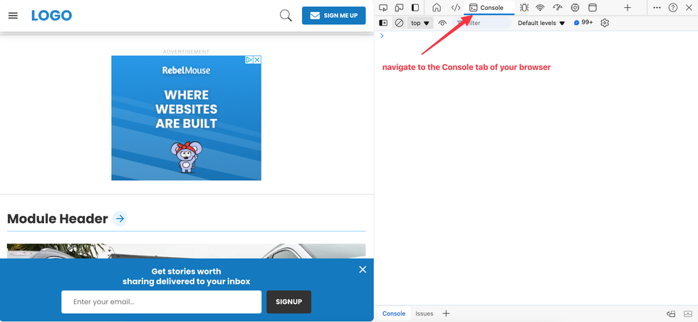 Locate the Console tab of your browser