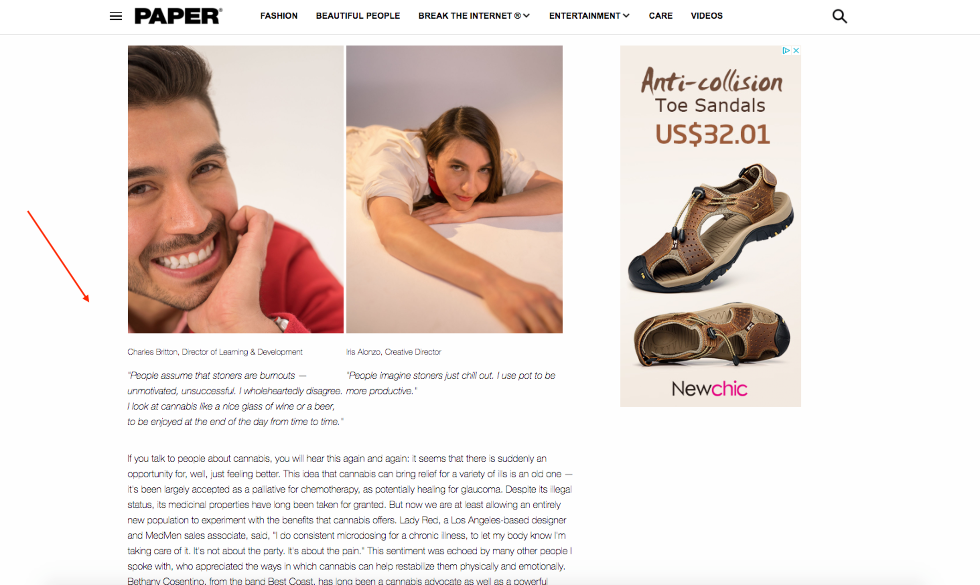 Magazine spread featuring two smiling individuals and an ad for toe sandals.