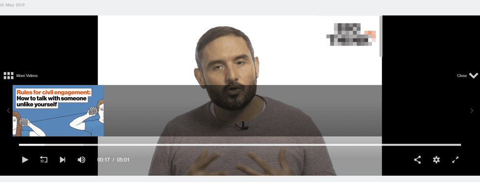 Man speaking in a video about civil engagement rules, with video controls visible.