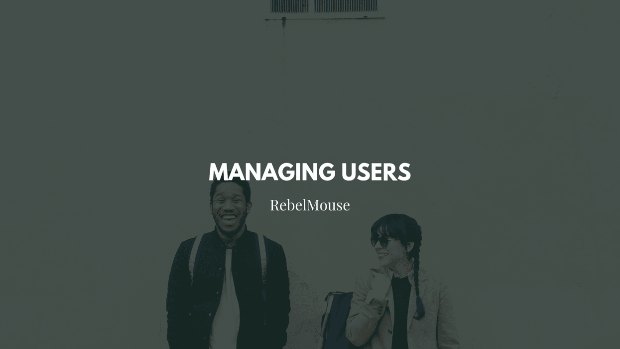Managing Users text overlaid on smiling people in a dimly lit background.