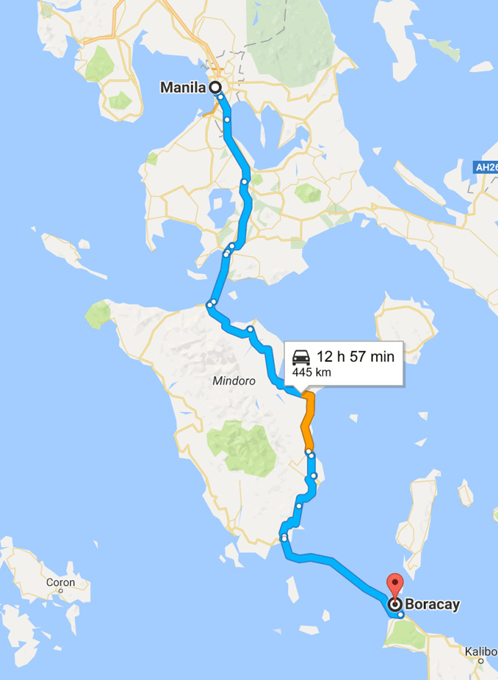 Map route from Manila to Boracay, showing 12h 57m travel time over 445 km.