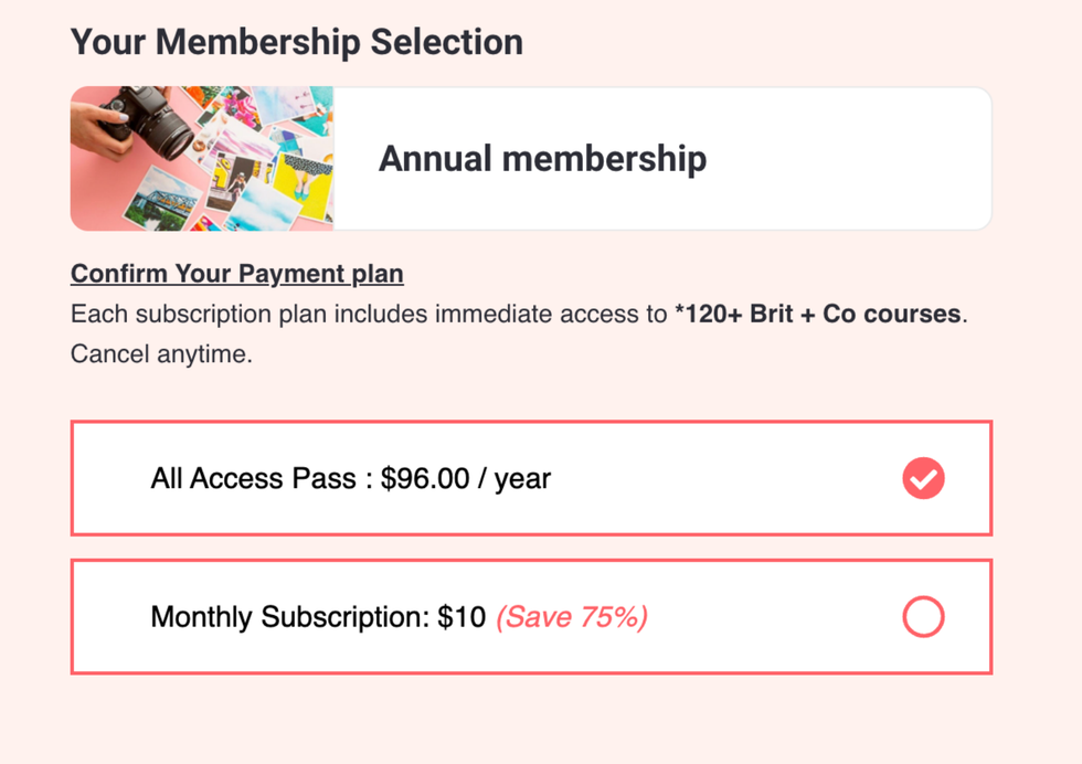 membership selection menu on Brit+Co website