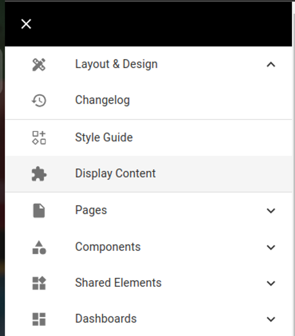 Menu containing Display Content Dashboard