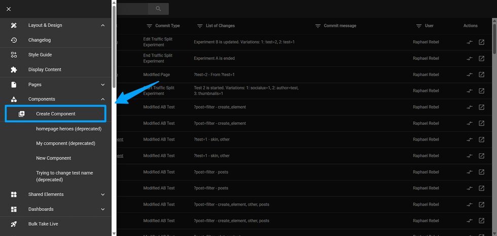 Menu highlighting "Create Component" in a web interface.