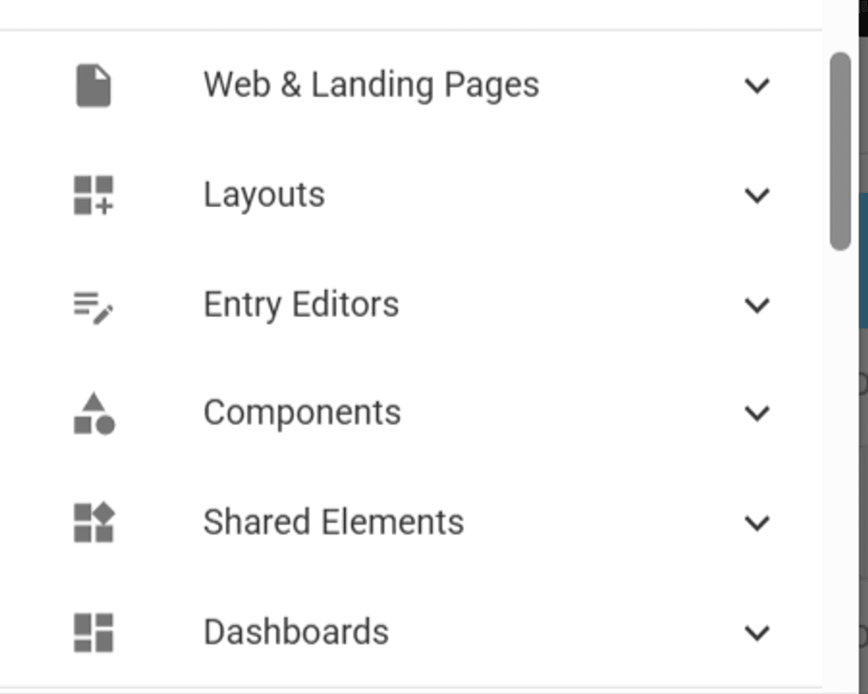 Menu with options: Web & Landing Pages, Layouts, Entry Editors, Components, Shared Elements.