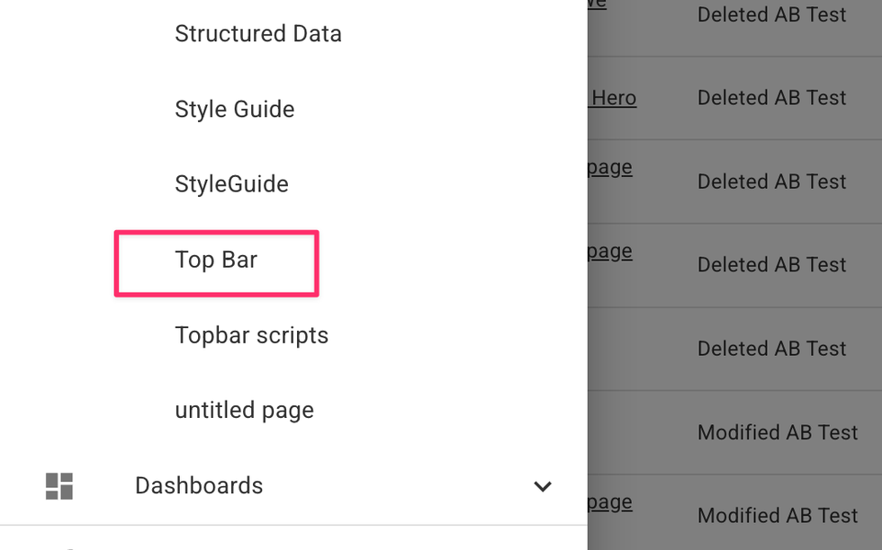 Menu with "Top Bar" option highlighted