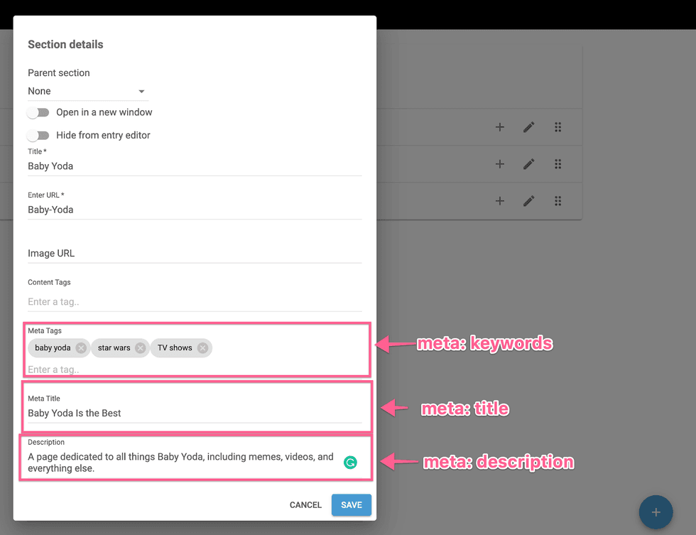 Meta tags and title for a Baby Yoda-themed page setup dialog.