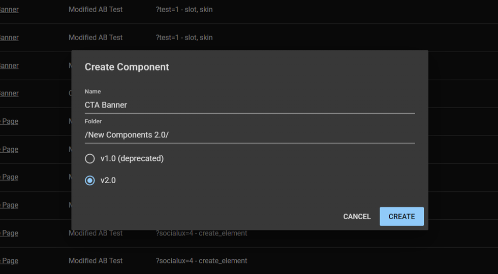 "Modal window for creating a CTA Banner component with version options."