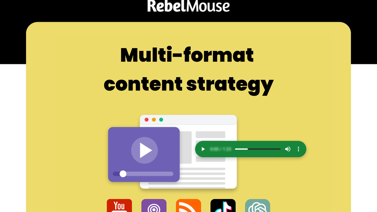 Multi-format content strategy with media icons and a webpage illustration.
