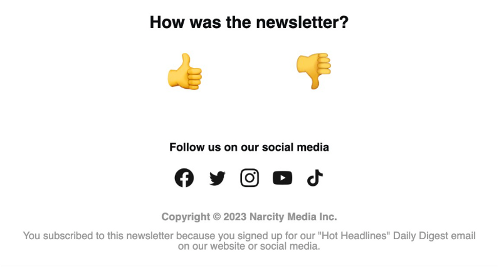 Narcity thumbs up thumbs down reaction emojis in newsletter