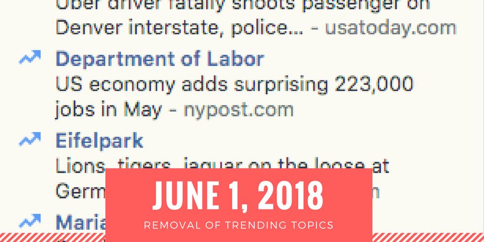 News headlines with June 1, 2018, date and note on removal of trending topics.