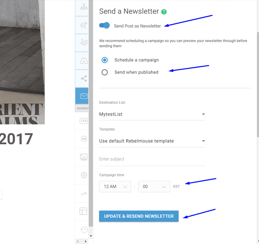 Newsletter scheduling interface with options for campaign settings.