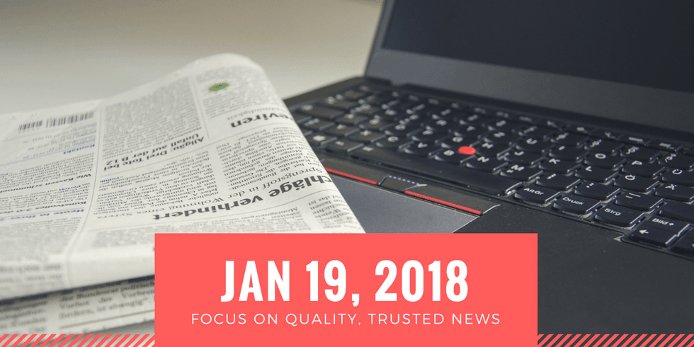 Newspaper and laptop with date "Jan 19, 2018" labeled "Focus on Quality, Trusted News."