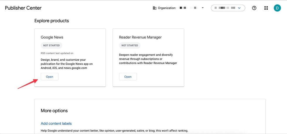 open Google News product in Publisher Center